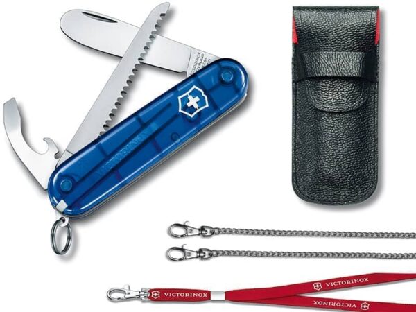 Kindertaschenmesser My first Victorinox Set mit Etui und Nackenband blau transparent