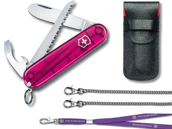 Kindertaschenmesser My first Victorinox Set mit Etui und Nackenband pink rosa traunsparent