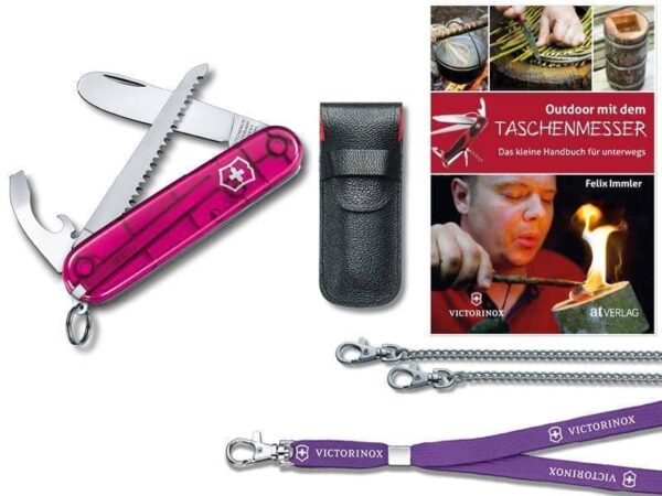 Kinder Taschenmesser Set My first Victorinox pink transparent mit Leder-Etui, Nackenband, Panzerkette und Taschenbuch