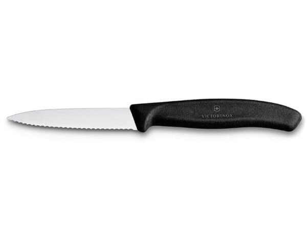 Gemüsemesser Swiss Classic 8cm mit Wellenschliff, Spitzklinge und schwarzem Griff