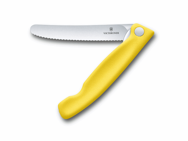 Faltbares Gemüsemesser Swiss Classic mit Wellenschliff gelber Griff