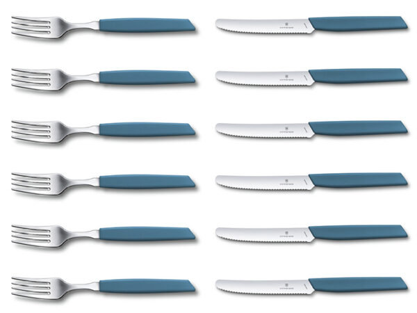 Swiss Modern Tafel-Besteckset 12-teilig (je 6 x Messer/Gabel) blauer Griff
