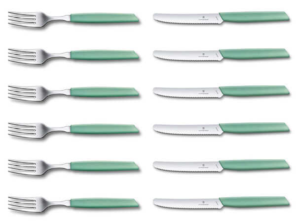 Swiss Modern Tafel-Besteckset 12-teilig (je 6 x Messer/Gabel) mint-grüner Griff