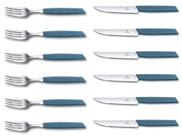 Swiss Modern Steak-Besteckset 12-teilig (je 6 x Steak-Messer/Gabel) blauer Griff