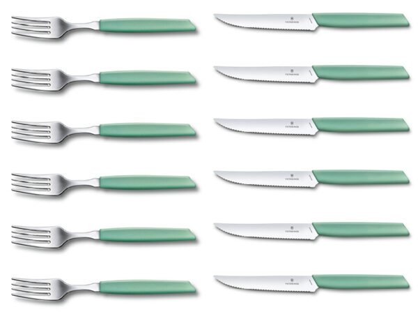 Swiss Modern Steak-Besteckset 12-teilig (je 6 x Steak-Messer/Gabel) mint-grüner Griff