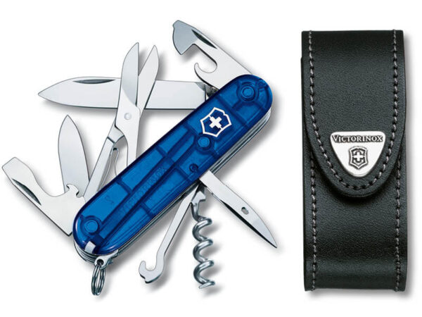 Mittleres Taschenmesser Climber blau transparent mit schwarzem Leder-Etui