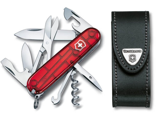 Mittleres Taschenmesser Climber rot transparent mit schwarzem Leder-Etui