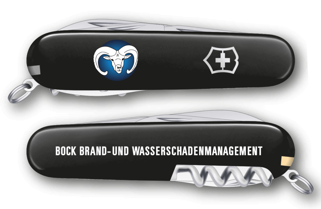 Gravurbeispiel Logo-Print mittleres Taschenmesser auf schwarzer Schale