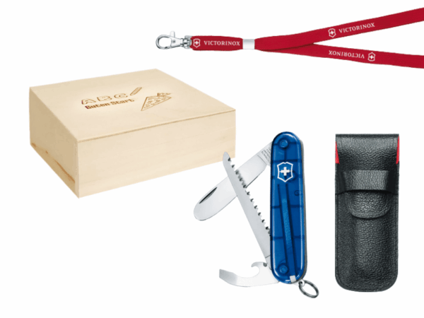 Mittlere Taschenmesser Schulbox My First Victorinox blau transparent mit Etui und Nackenband