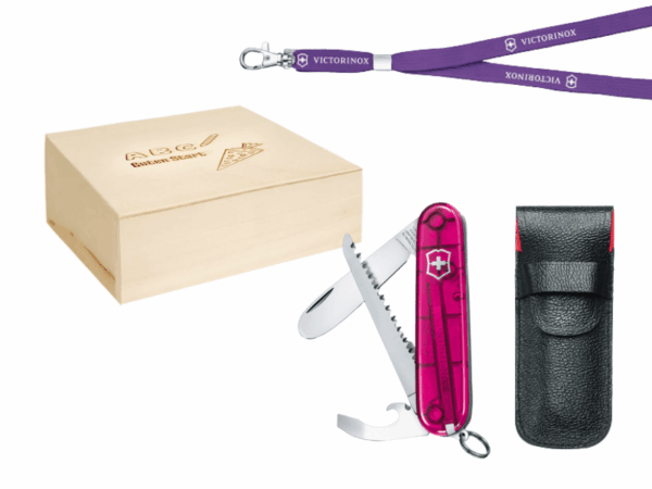 Mittlere Taschenmesser Schulbox My First Victorinox rosa transparent mit Etui und Nackenband
