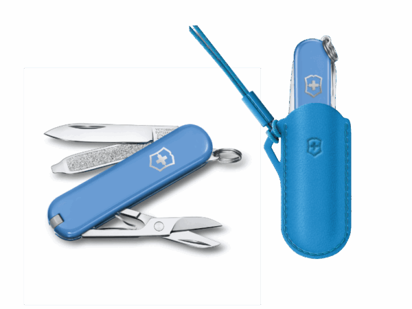 Kleines Taschenmesser Blau Transparent Classic SD Color-SET mit Leder Etui