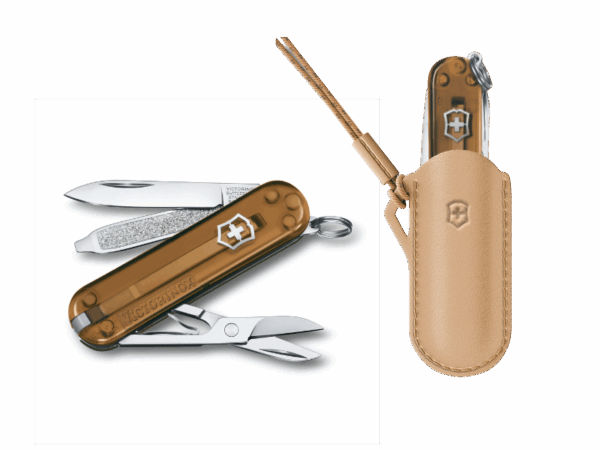 Kleines Taschenmesser Braun Transparent Classic SD Color-SET mit Leder Etui