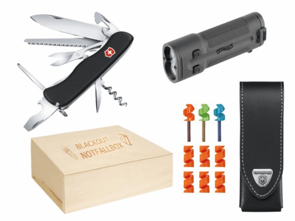 Großes Taschenmesser Set mit Etui, Fire Ant Set und Taschenlampe in Holzbox schwarz