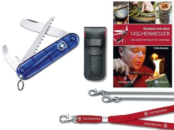Kinder Taschenmesser Set My first Victorinox blau transparent mit Leder-Etui, Nackenband, Panzerkette und Taschenbuch