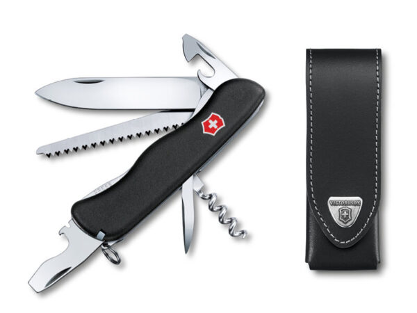 Großes Taschemesser Forester mit Leder-Etui Set Schwarz