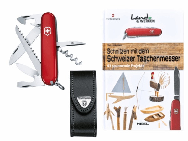 Mittleres Taschenmesser Camper Set mit Etui schwarz und Schnitzbuch