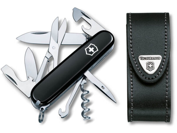 Mittleres Taschenmesser Climber Schwarz mit schwarzem Leder-Etui