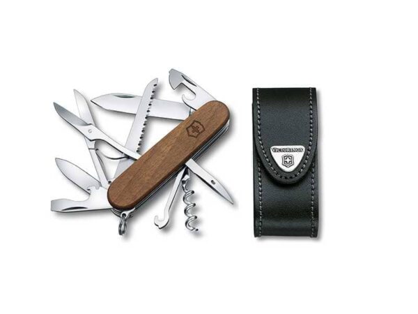 Großes Taschenmesser Huntsman Wood mit brauner Holzschale und schwarzem Leder-Etui Huntsman Wood Set