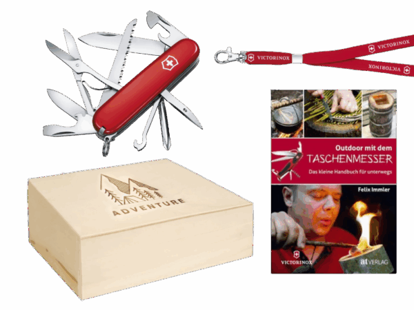 Mittleres Taschenmesser Geschenkset Junior Fieldmaster Adventurebox Holzbox klein rot