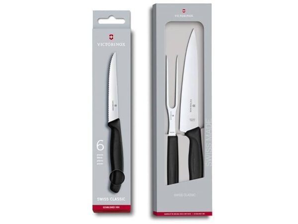 Grill-Set Swiss Classic mit 6 Steakmessern/Tranchiergabel/Tranchiermesser mit schwarzem Griff