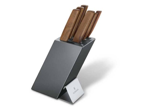 Swiss Modern Messerblock 7-teilig (6 Kochmesser mit braunem Holzgriff) mit grauem Messerblcok