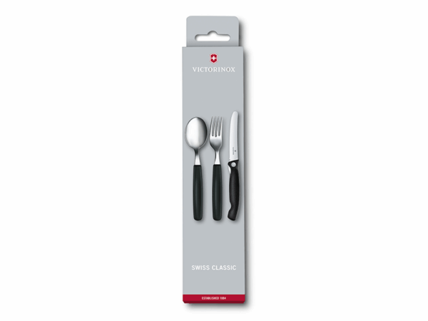 3-teiliges Besteckset Swiss Classic Messer Gabel Löffel Schwarz in Geschenkverpackung