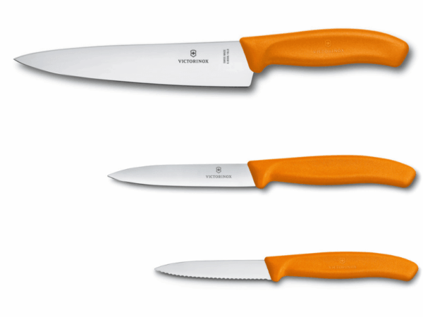 Swiss Classic Kürbis-Schnitzmesser-Set 3-Teilig Orange mit Tranchiermesser 19cm, Gemüsemesser glatt, Gemüsemesser Wellenschliff