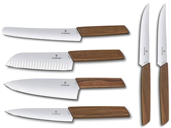 Kochmesser-Set Swiss Modern 6-teilig mit braunem Holzgriff (Brotmesser/Santokumesser/Kochmesser/Officemesser/2xSteakmesser)