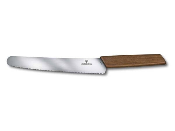Swiss Modern Brot und Konditormesser 22cm mit Wellenschliff und braunem Holzgriff