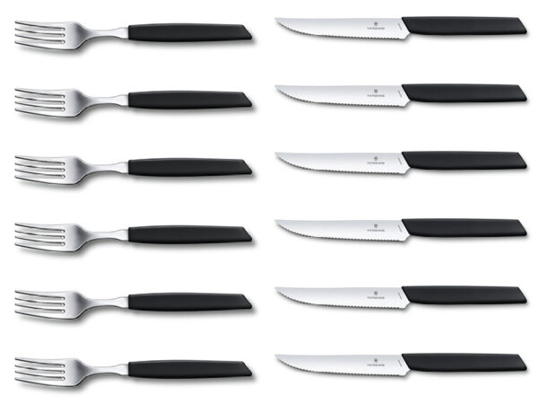Swiss Modern Steak-Besteckset 12-teilig (je 6 x Steak-Messer/Gabel) schwarzer Griff