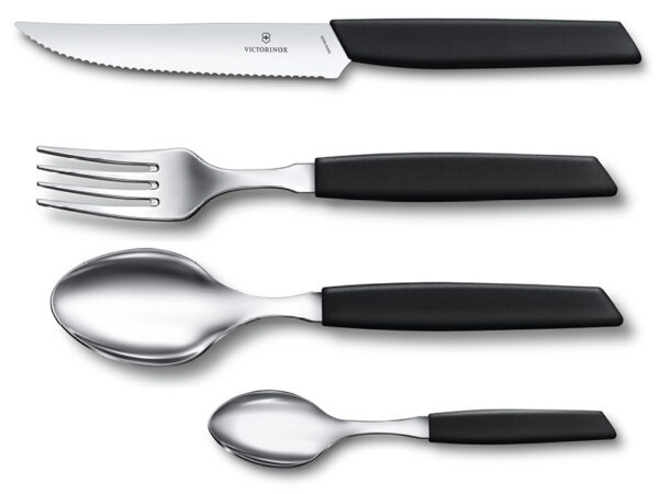 6.9093.12W.24 Swiss Modern Steak-Besteckset 24-teilig (je 6 x Messer/Gabel/Suppenlöffel/Kaffeelöffel) schwarzer Griff