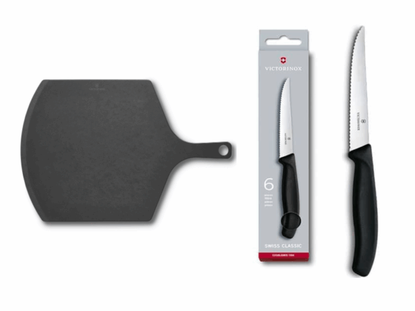 Pizza Set mit Brett und 6 Stück Pizzamessern mit schwarzem Griff und Wellenschliff