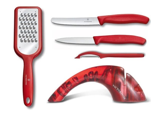 Küchenhelfer-Geschenkset 5-teilig (2 x Gemüsemesser/Reibe/Schäler/Messerschärfer) in rot