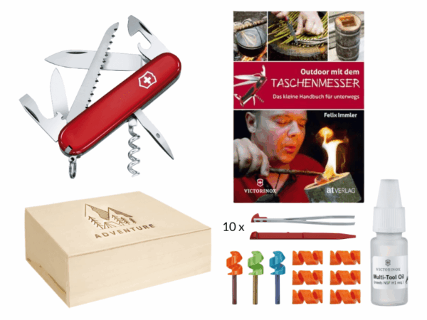 Mittleres Taschenmesser Camper mit Schnitzbuch, Zahnstocher, Pinzette rot, FireAnt Set, Multi Tool Öl in Holz Geschenkbox Adventure
