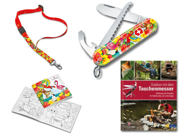 Kindertaschenmesser My first Victorinox Papagei Tieredition mit Malbuch und Nackenband und Schnitzbuch
