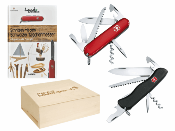 Papa's Schnitz-Box 4-teilig mit Großen und mittleren Taschenmesser Junior Forester mit Schnitzbuch Holzbox