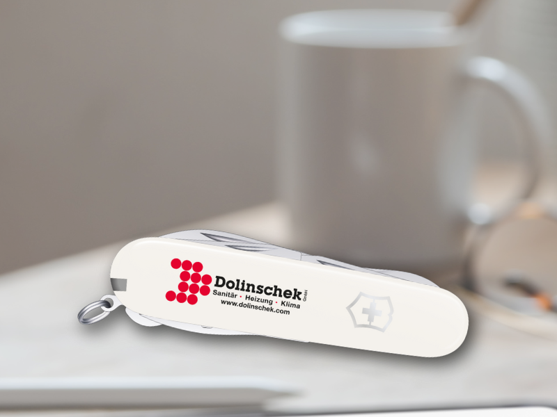 weißes Schweizer Taschenmesser mit Logo Tamponprint mehrfarbis