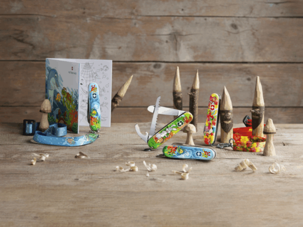 kindertaschenmesser mit tiermotiven Hase, papagei, delfin auf holzhintergrund